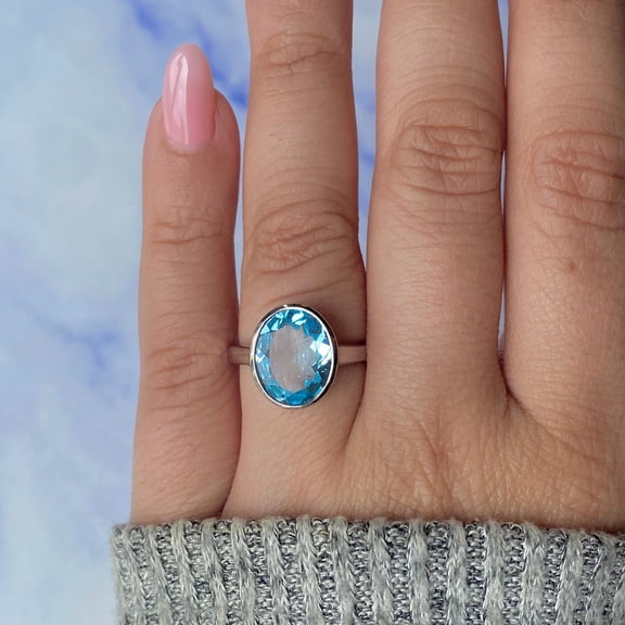 10x12 mm Blue Topaz Ring / 925 Silver Minimalist Ring / Handmade Ring / Proposal Ring for Love / Gifts for her / Stackable Promise Ring