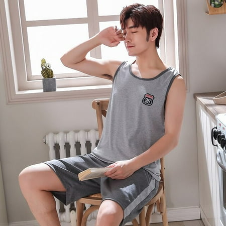 

QWZNDZGR Summer Men Pyjamas Knited Cotton Plaid Pajamas Set Casual Sleeveless Sleepwear Pyjamas Night Pijamas Plus Size 4XL Home Suits