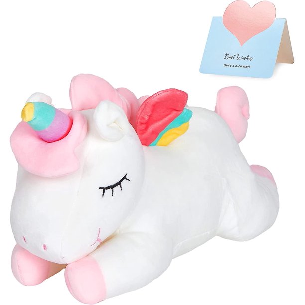 WhiteAlmohada de felpa suave de unicornio relleno blanco con alas de cuerno de arcoíris cumpleaños para niñas pequeñas, 15,5'