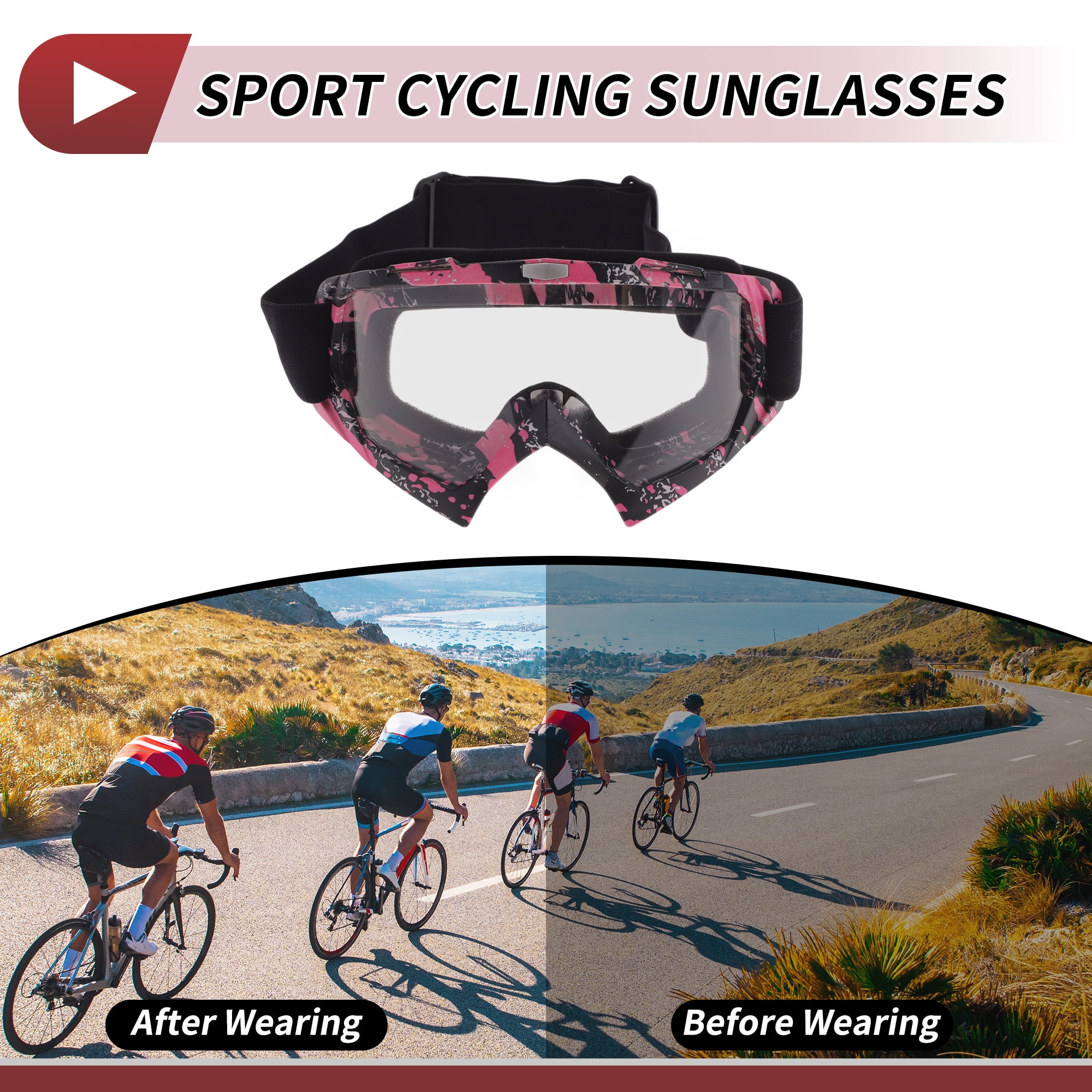 Unique Bargains Motorcycle Riding Goggles PC TPU Cycling Sunglasses Clear Lens Black Pink Frame