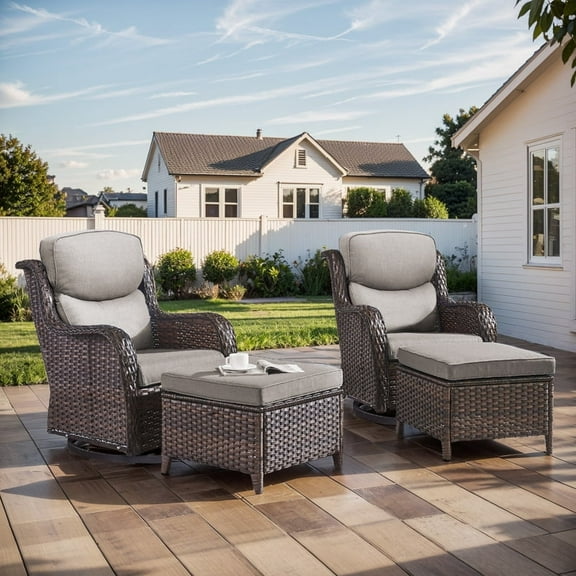 Gymojoy 4 Pieces Outdoor Patio Wicker Furniture Conversation Set All Weather High-Back Outdoor Swivel Chairs Patio Glider with Ottoman for Backyard
