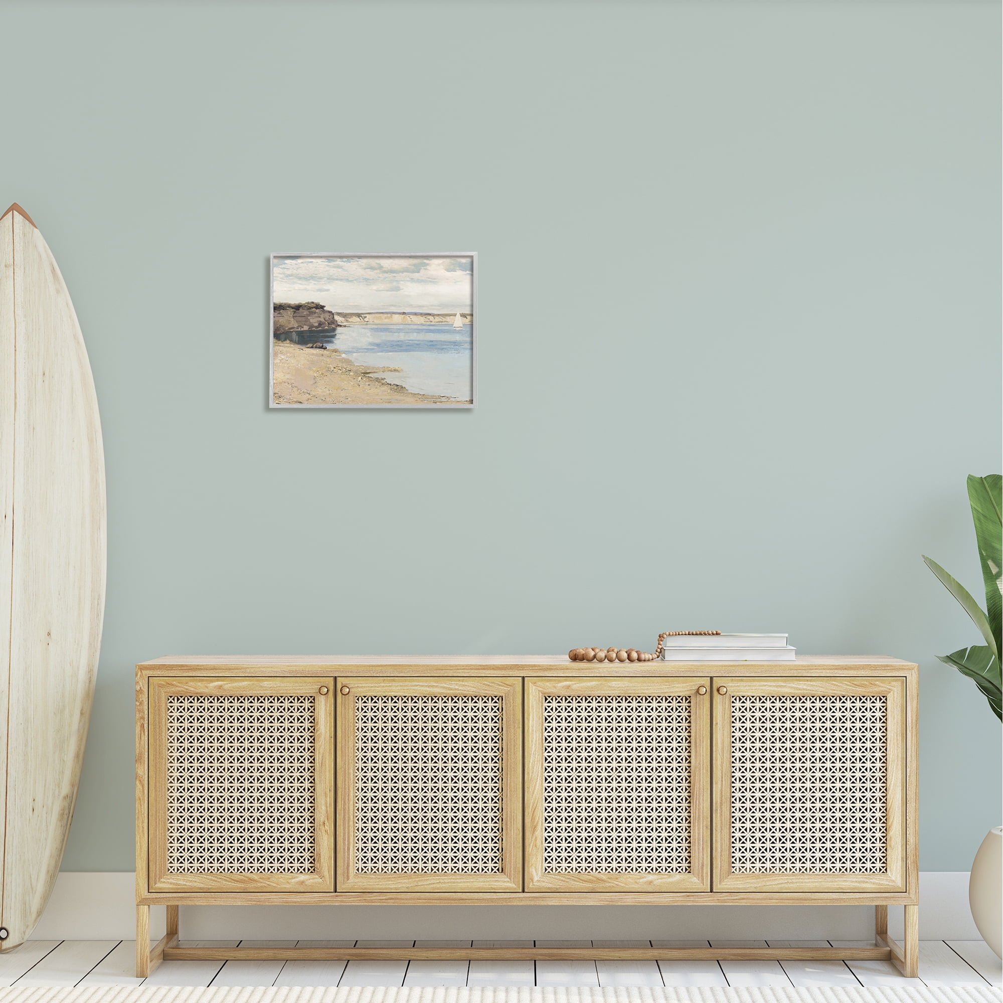 Stupell Rocky Coastal Cove Sailboat Landscape Painting Gray Framed Art Print Wall Art