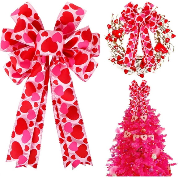 Tutuviw Valentine's Day Wreath Bow,1Pc Large Red Heart Printed Valentine's Day Bow,Gift Bow,Tree Topper for Wedding Mother's Day Front Door Indoor Outdoor Home Decoration, 11 x 20 in