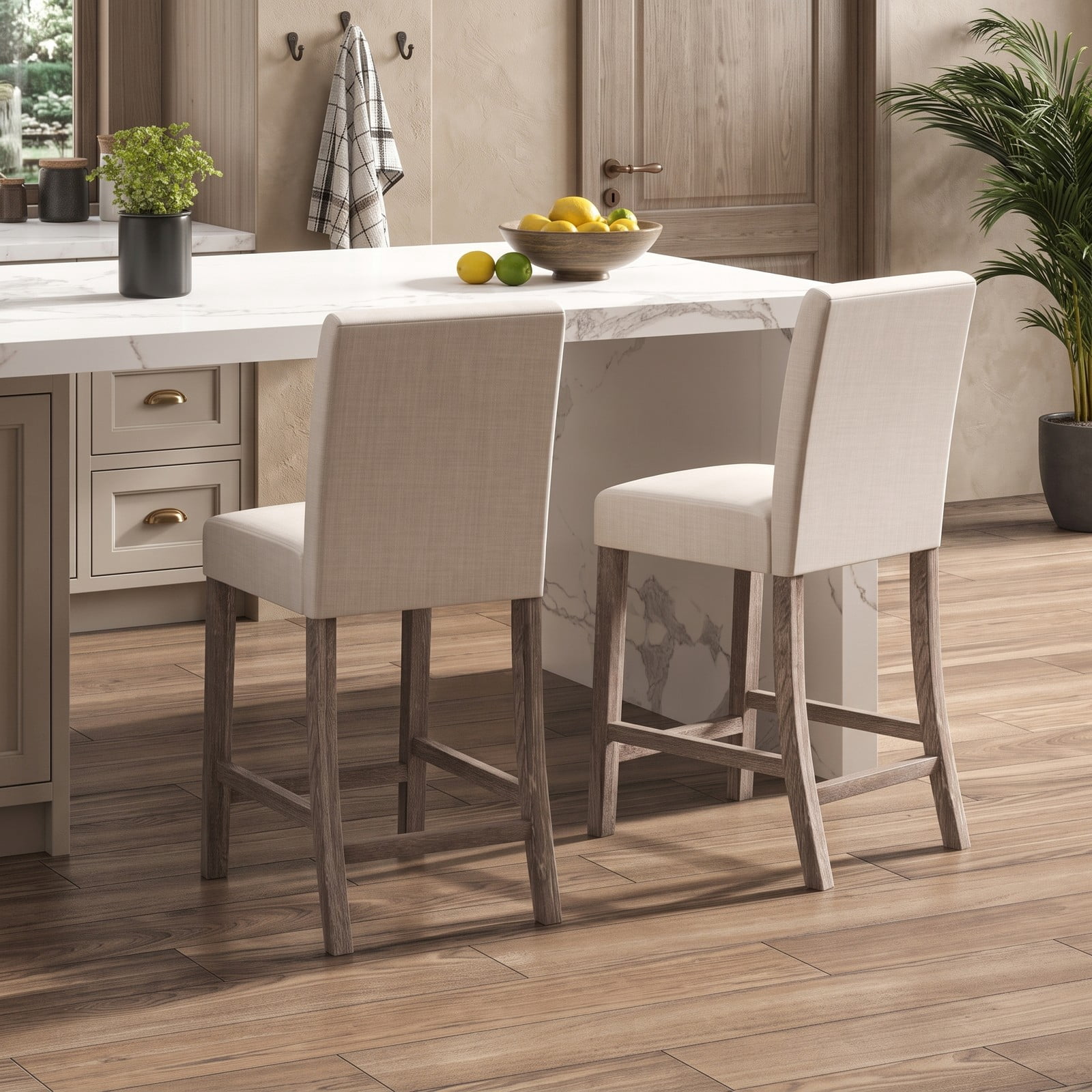 Furnibear Counter Height Bar Stools Set of 2, 24.5 Inch Upholstered Linen Kitchen Island Stools with Backrest and Footrest, Rubber Wood Frame Dining Chairs for, Beige