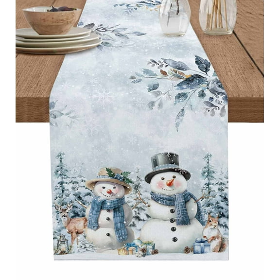 Christmas Blue Snowman Burlap-Cotton Table Runner 72 Inches Long,Xmas Botanical Snowflake Farmhouse Table Runners,Outdoor Dining Tablecloths Decor for Baby Shower/Party/Wedding 18x72