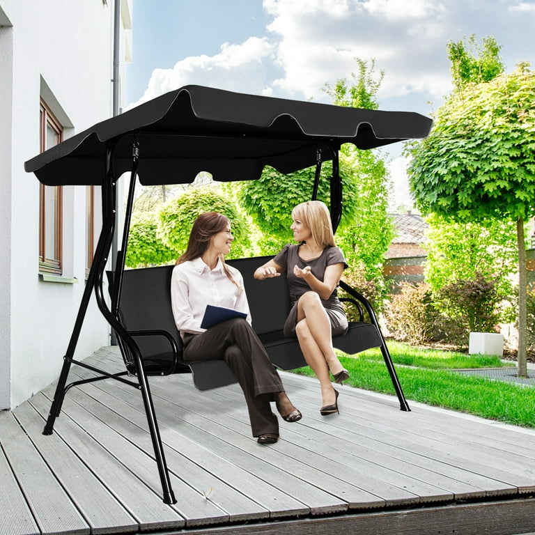 Patiojoy 3 Seats Outdoor Glider Hammock with Adjustable Waterproof Canopy Aluminum Frame Patio Swing Chair Black
