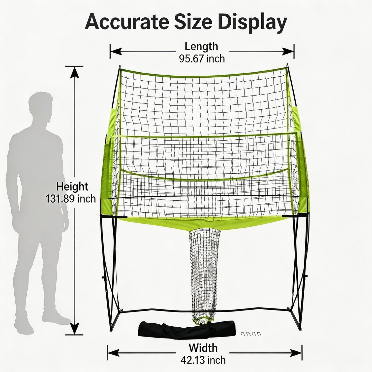 Portable Volleyball Practice Net System, Adjustable 8ft/7ft 3in/6ft 6in Heights, Steel Frame with Carry Bag, Green, Indoor & Outdoor