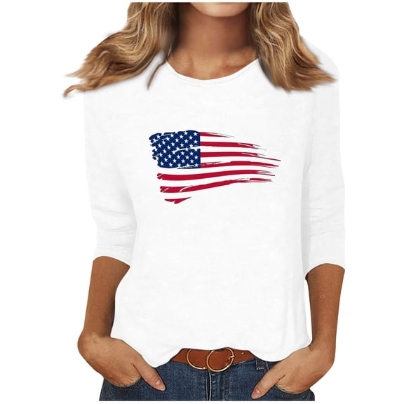 Levmjia Women's 4th of July T-Shirt Patriotic American Flag Print 3/4 Sleeve Crew Neck Casual Summer Top for Independence Day Holiday