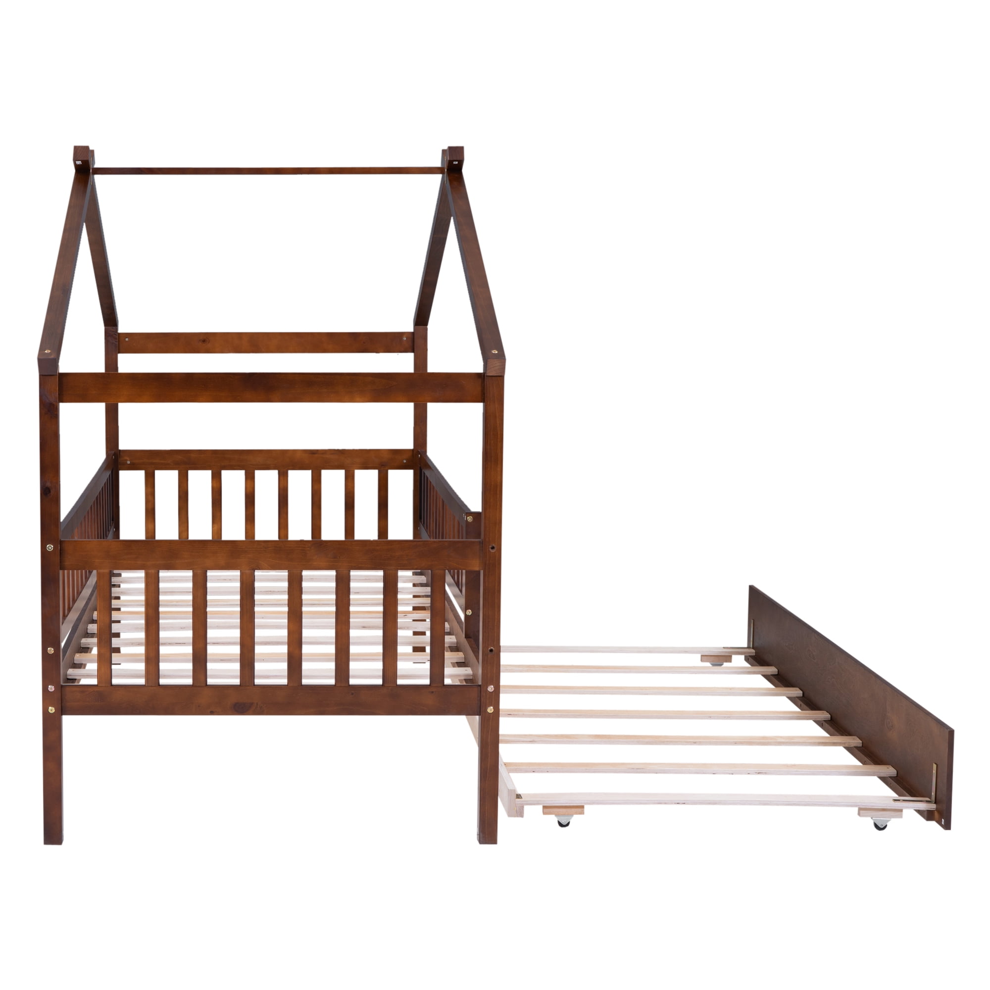 Gewnee Pine Wood Twin Size House Bed with Trundle and Roof for Kids,Walnut