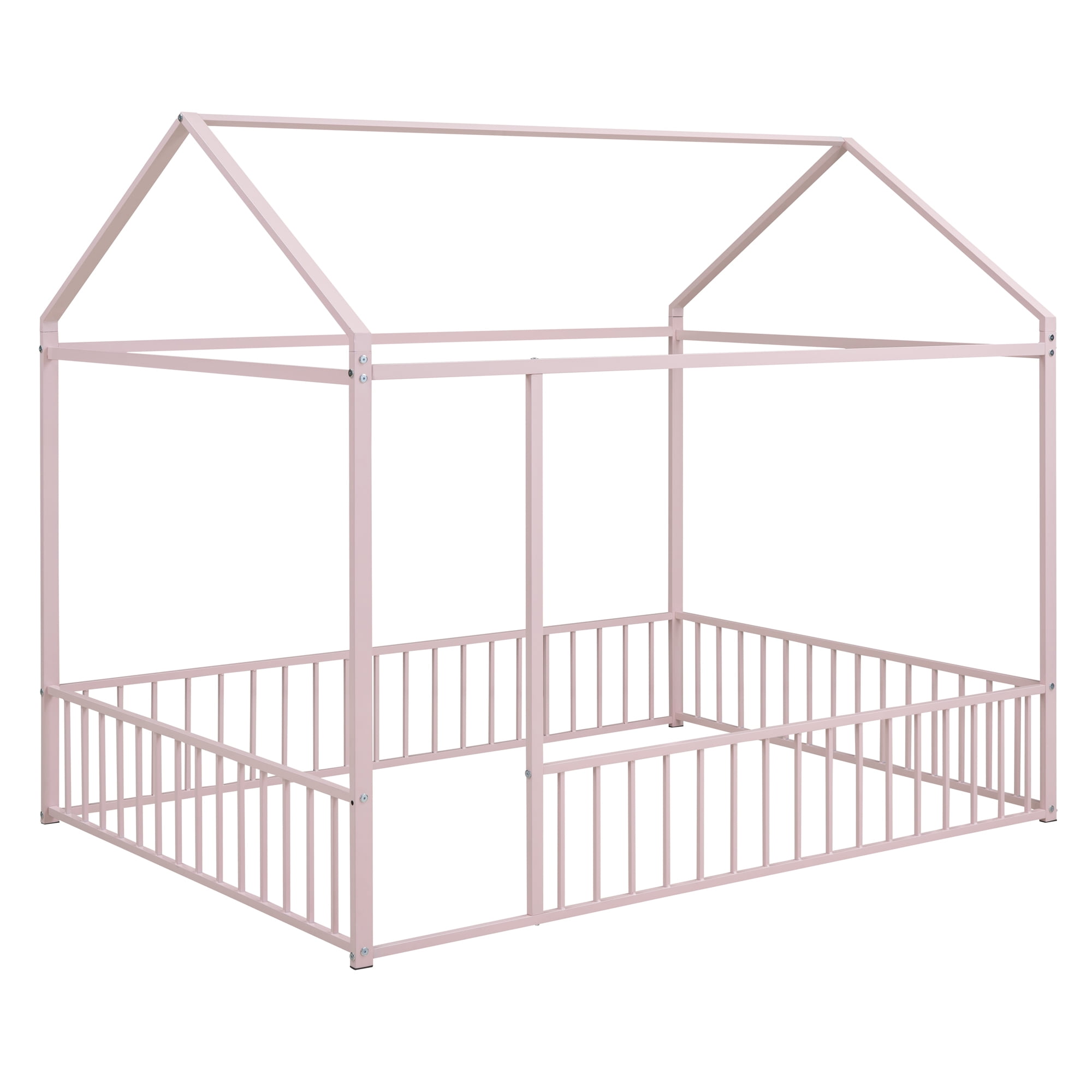 Full Size Metal House Bed Frame with Rails, Montessori Floor Bed  without Slats (Pink)