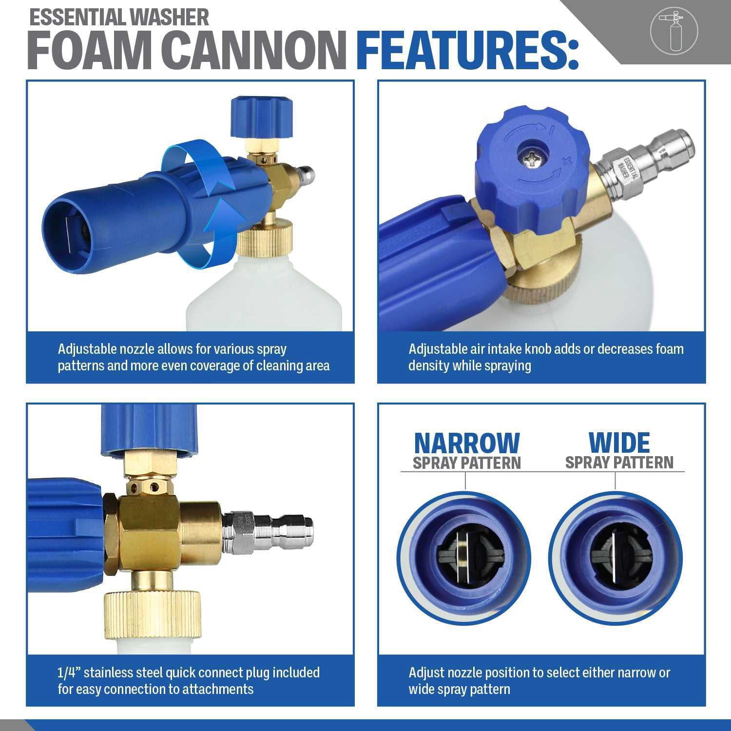 Pressure Washer Premium Foam Cannon Adjustable Spray Nozzle and Stainless Steel QC Plug