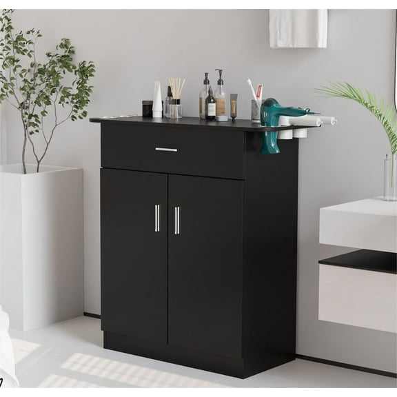 Ktaxon Salon Station Barber Storage Cabinet, Free Standing Beauty Hair Stations, Beauty Salon Spa Equipment Hair Styling Utility Unit with 1 Drawers, 1 Storage Cabinet, 6 Hair Dryer Holders, Black