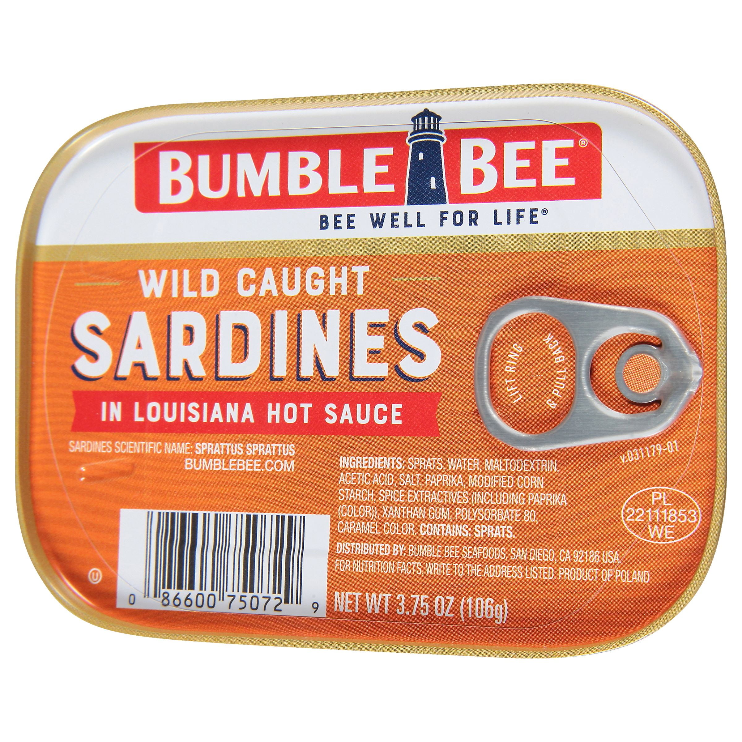 (7 pack) Bumble Bee Wild Caught Sardines in Louisiana Hot Sauce, Gluten Free, 11g Protein Per Serving, Shelf Stable Tin Can, 3.75 oz