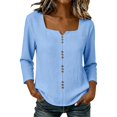 thumbnail image 2 of Womens 3/4 Sleeve Shirt Button Detail Top Summer Baggy Square Notch Neck Casual Boho Blouses XL, 2 of 8