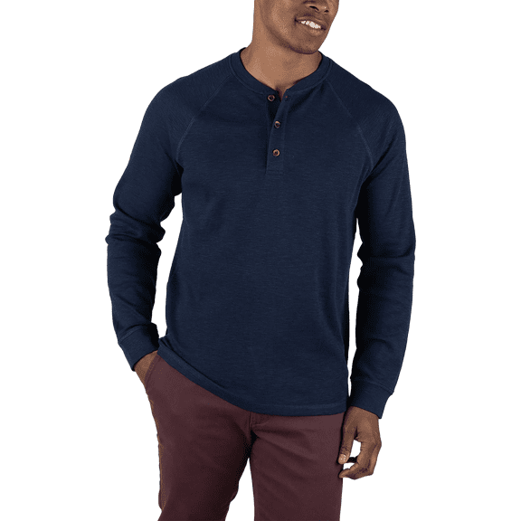 Tailor Vintage Henley Button-Up Long Sleeve Shirt with Stretch Waffle Fabric (Navy, Small)