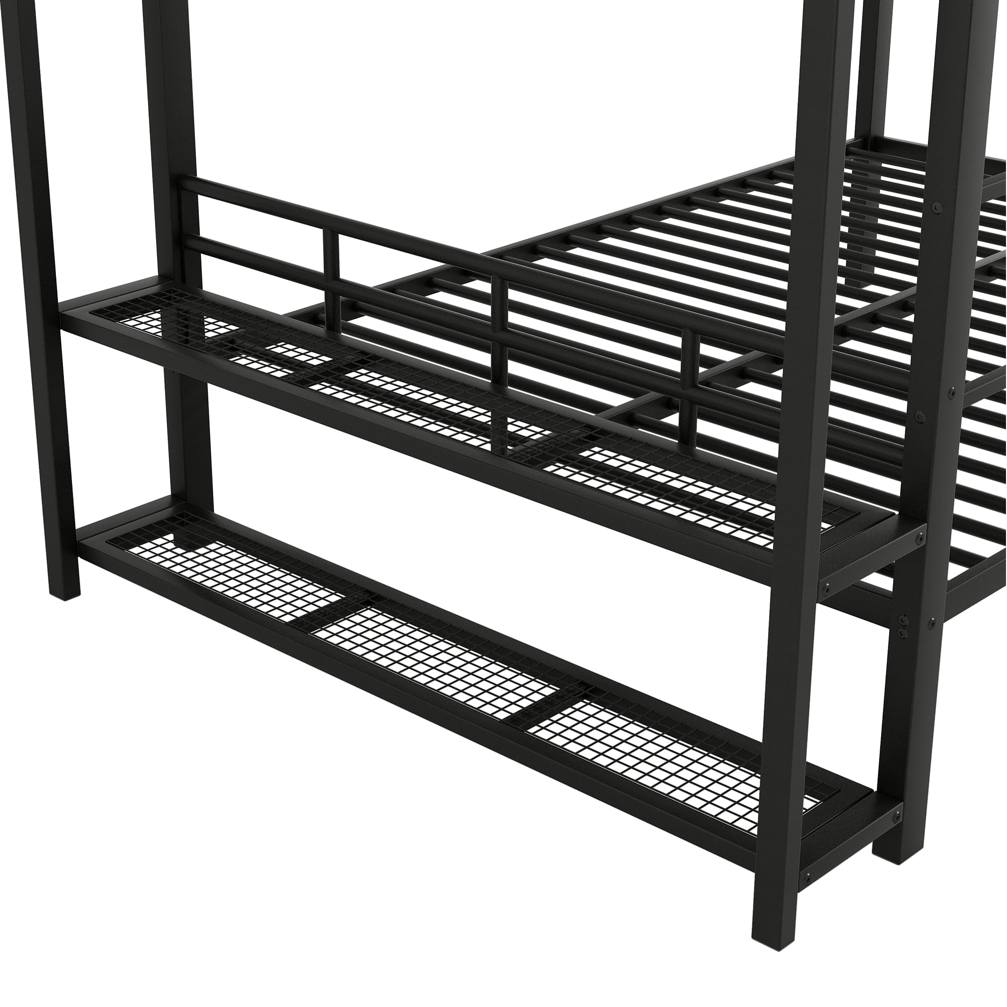 Full Size Metal Bunk Bed with Storage Mesh Shelves and Clothes Hooks,LED Light,Black