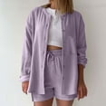 thumbnail image 2 of Idoravan Womens Sets 2 Piece Outfits Women's Summer Two Piece Neck Long Sleeve Button up Shirts with Pocket High Waist Drawstring Large Shorts Casual Set, 2 of 5