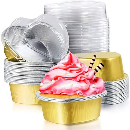 

Baking Cups with Lids 100 ml/3.4 oz Heart Shaped Aluminum Foil Disposable Muffin Ramekin Pudding Cupcake Cup
