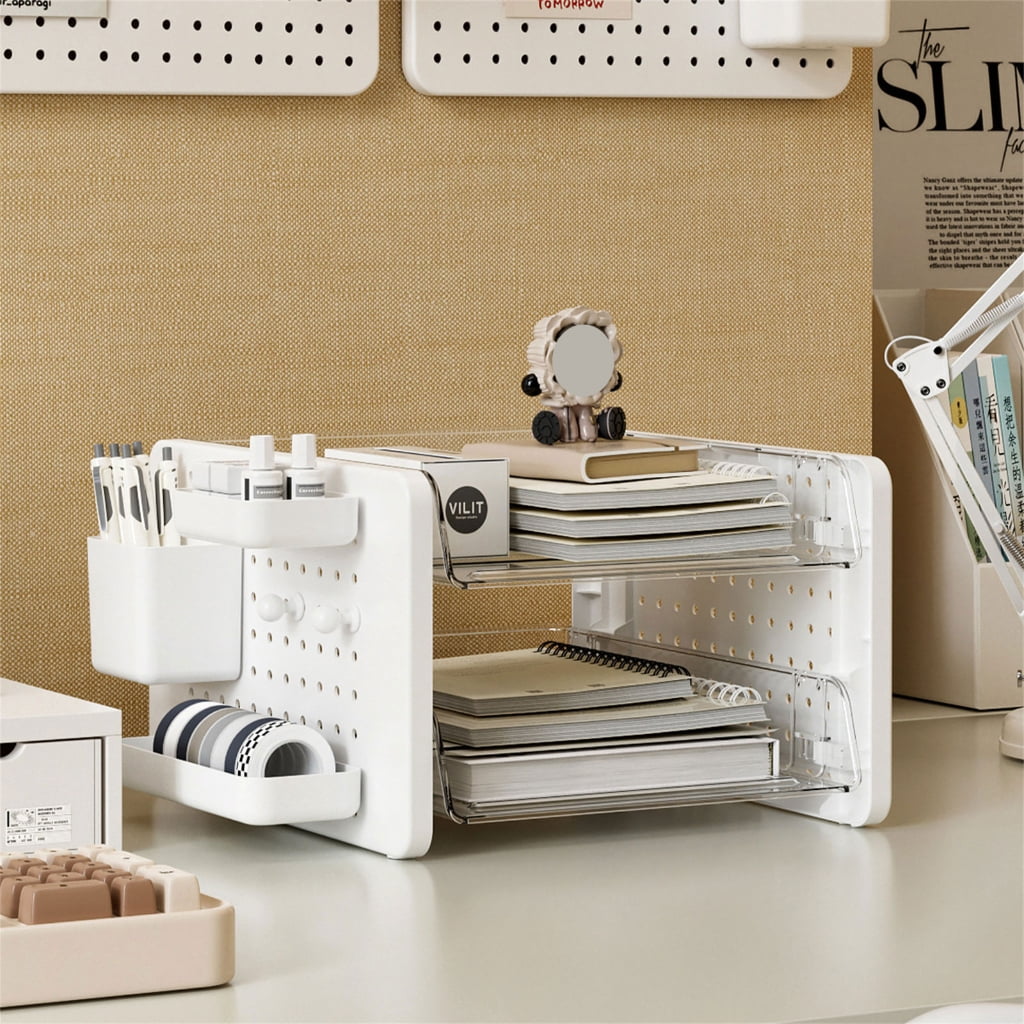Desktop Organizer 2/3 Tiered Stackable File Letter Tray with Pegboard Pen Cup