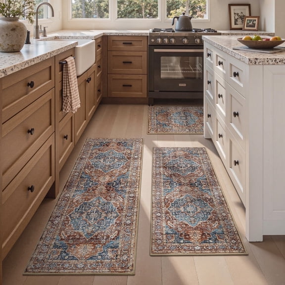 SIXHOME 3-Piece Kitchen Rugs and Runner Set Washable Vintage Kitchen Mat Non-Slip Low-Profile Rugs for Kitchen Sink Laundry Bedside 20"x32" 20"x48" 20"x59" Red