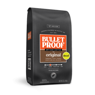 Bulletproof Original Medium Roast Whole Bean Decaf Coffee, 12 Ounces, 100% Arabica Coffee, Clean Coffee Tested for Toxins, Packaging May Vary