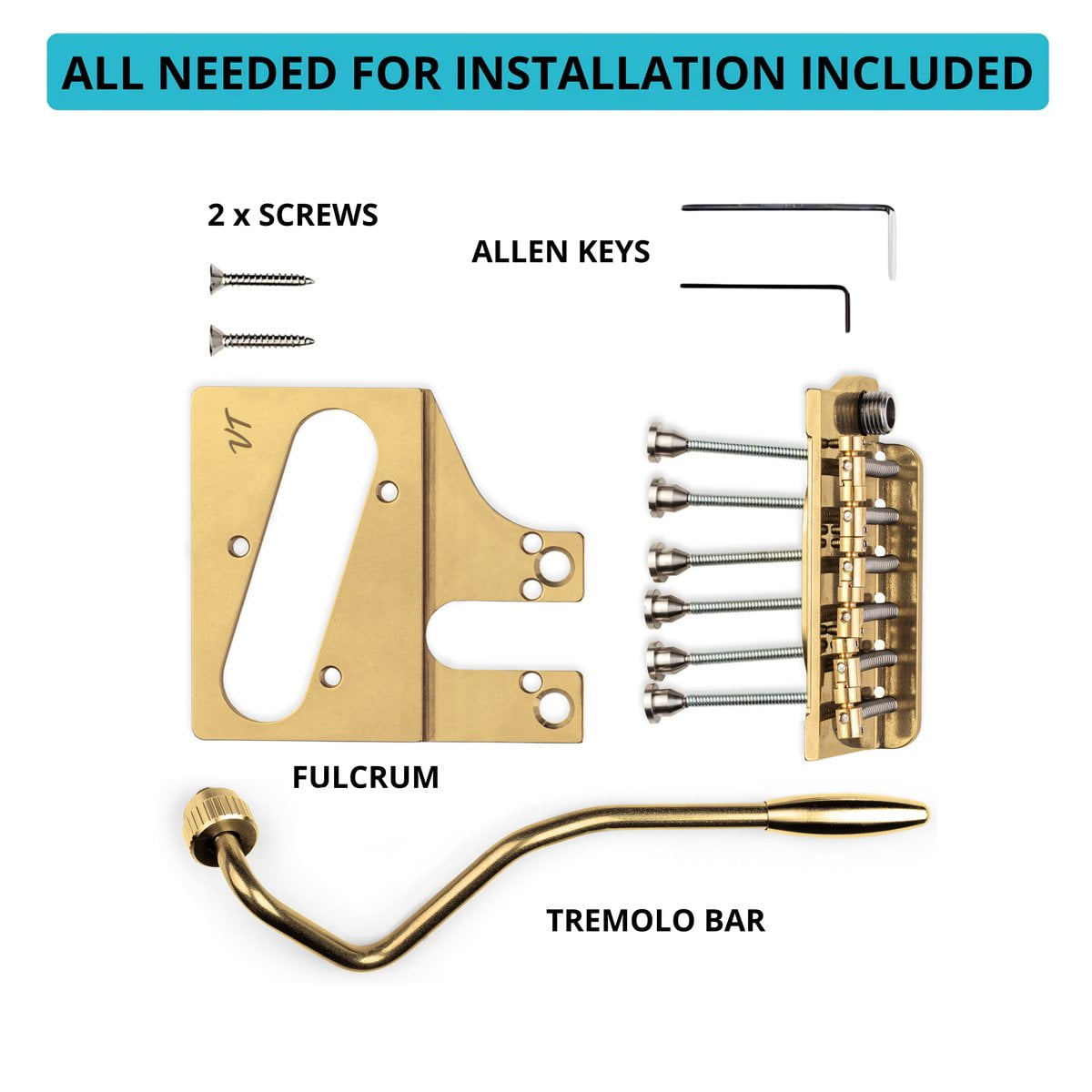 Vega-Trem VT2ND TeleTrem Modern Gold w/out Logo  No-Drill Tremolo for Telecaster-Style Guitars Modern 66 mm Layout, Patented 3-Pair Independent Brass Saddles, Tension-Adjustable
