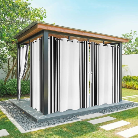 Colorful Stripes Outdoor Curtains for Patio Waterproof, Black Wood Texture White Grommet Curtains for Porch Outside Privacy Drape for Gazebo Garden Pergola, 1 Panel, 54x108in