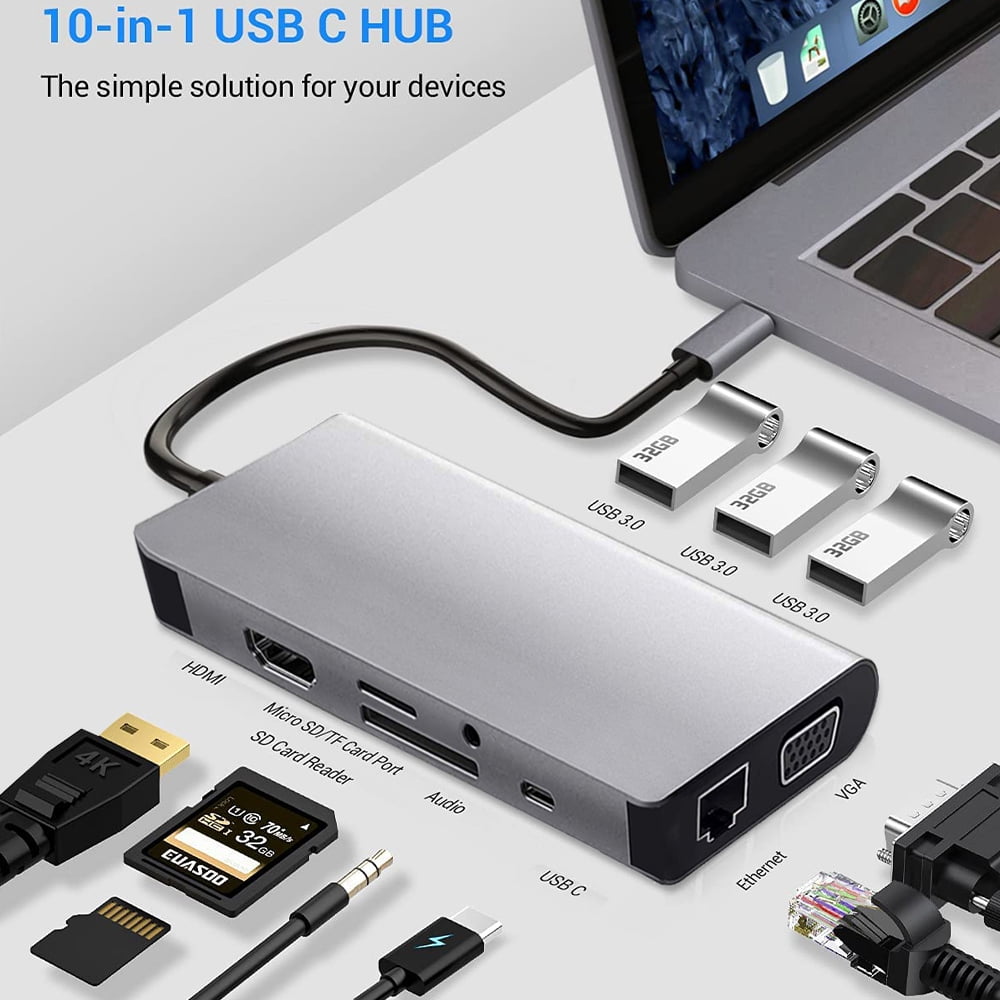 USB C Hub, Type C Adapter, Falwedi 10-in-1 Dongle with Ethernet, 4K@30Hz  HDMI, VGA, 3 USB3.0, SD/TF Card Reader, Audio, USB-C PD 3.0, Compatible for