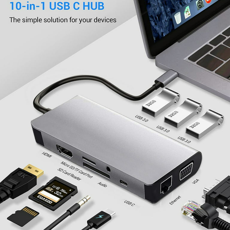 UGREEN USB C Hub 10 in 1 Type C Hub with Ethernet, 4K USB C to HDMI, VGA,  PD Power Delivery, 3 USB 3.0 Ports, USB C to 3.5mm, SD/TF Cards Reader for