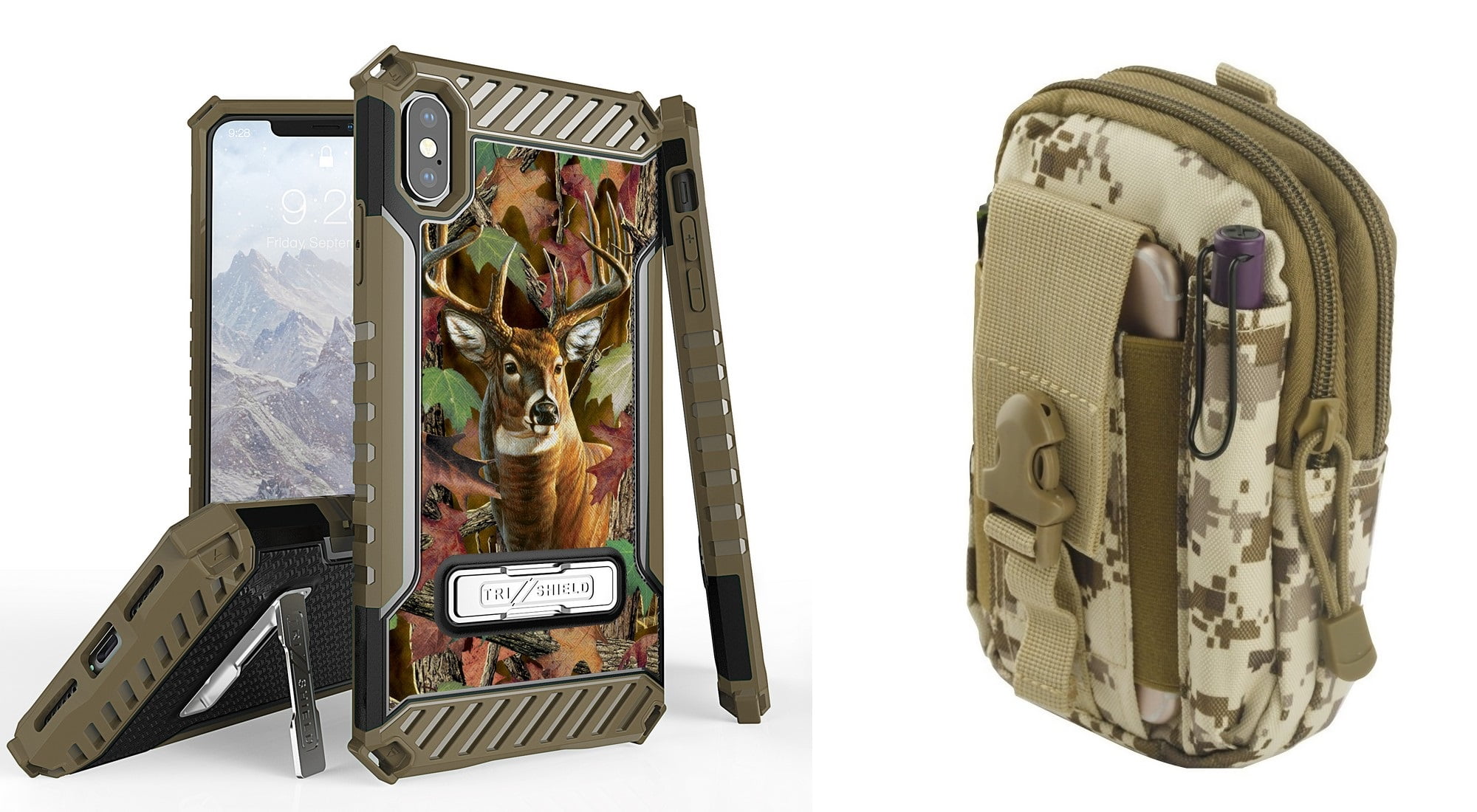 Beyond Cell Tri Shield Military Grade Shock Proof Kickstand Case (Camo Deer) with Desert Camo Tactical EDC MOLLE Belt Bag Pouch and Atom Cloth for iPhone Xs Max