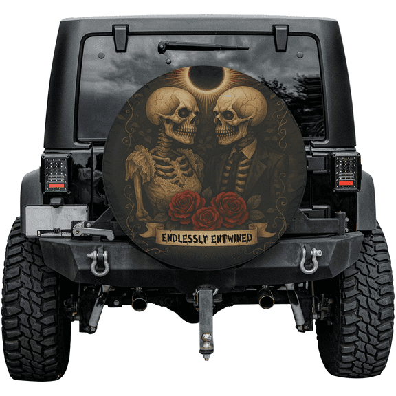 Endlessly Entwined Skeleton Couple Spare Tire Cover With Roses – Gothic Skull Love Design Waterproof Vinyl Wheel Cover