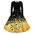 thumbnail image 2 of Women's Vintage Halloween Bat Print Swing Dress Long Sleeve 1950s Retro A-Line Midi Dresses with Satin Sash Belt for Gothic Cosplay Evening Prom Party, 2 of 6