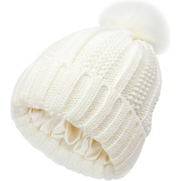 YooGuoGuo Womens Corchet Knit Beanie Hats with Pompom Slouchy Chunky Satin Lined Skull Caps Elastic Winter Warm Stocking Caps