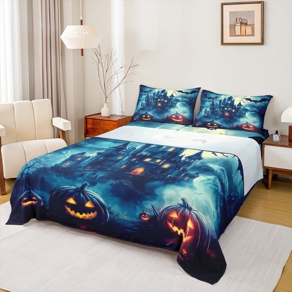 jejeloiu Spooky Halloween Castle Twin Sheet Sets,Horror Pumpkin Lantern Twin Fitted Sheet,Black Bats Flat Sheet For Boys Kids,Ultra Soft Home Decor,3-Piece