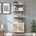 thumbnail image 2 of OAKHAM 5-Shelf Ladder Bookshelf with Rattan Cabinet, Wall Mounted Bookcases with Open Display Shelf, Pale Oak, 2 of 10