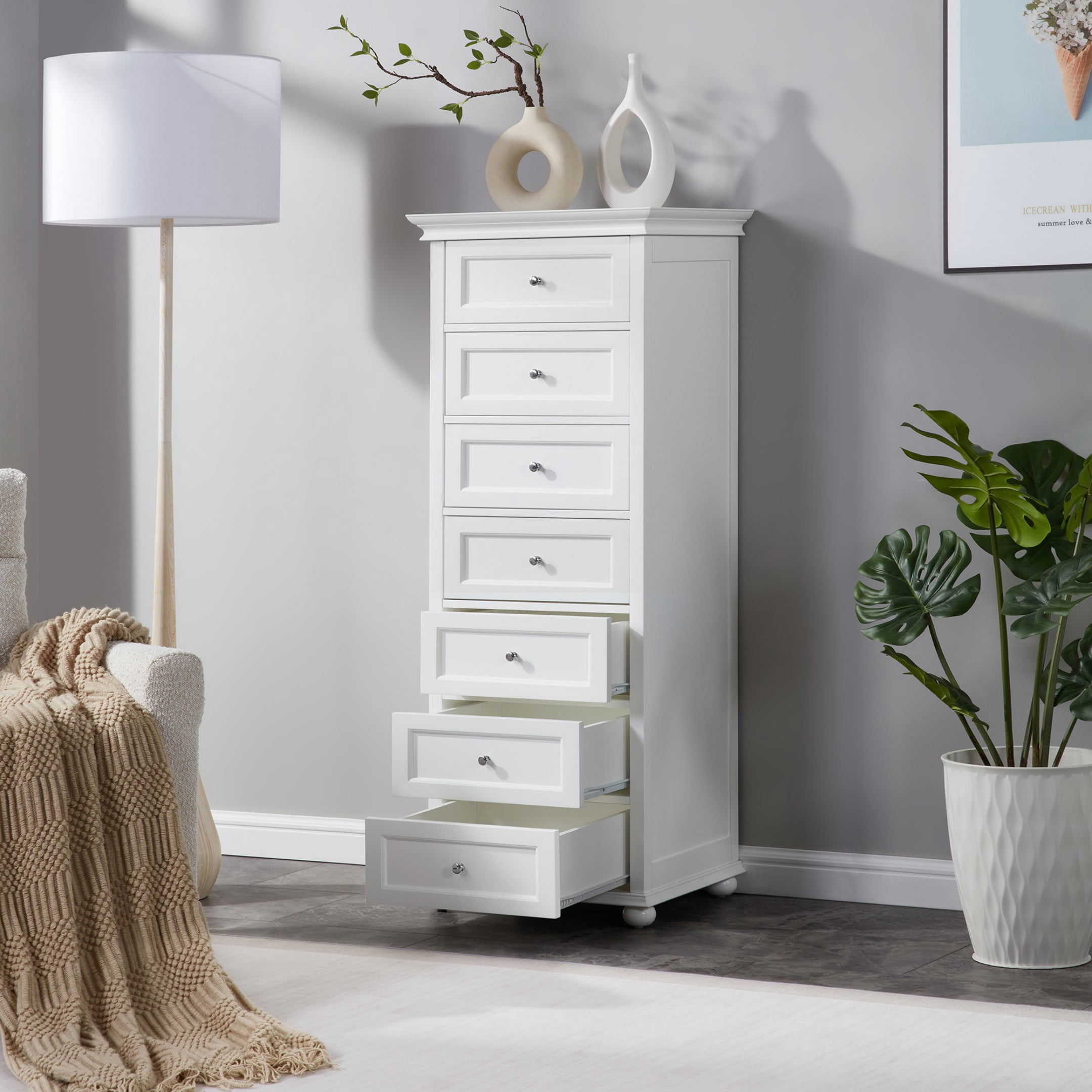 BOUQUETYZ Tall Skinny White Dresser with 7-Drawer, Tall Narrow Chest of Drawers for Bedroom, Solid Wood Legs & Silent Metal Glides, 52" H