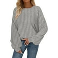 thumbnail image 3 of YOIAVAIOY Ribbed Knit Sweatshirt for Women Long Sleeve Solid Sweatshirts Fall Casual Fashion Tops Gray L, 3 of 10