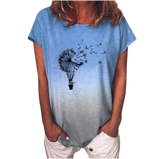 Hauts d'Été pour Femmes à Manches Courtes Col Rond Dégradé Tunique Tee Tops Blouses Habillées Décontractées Confortables T-Shirts Basiques
