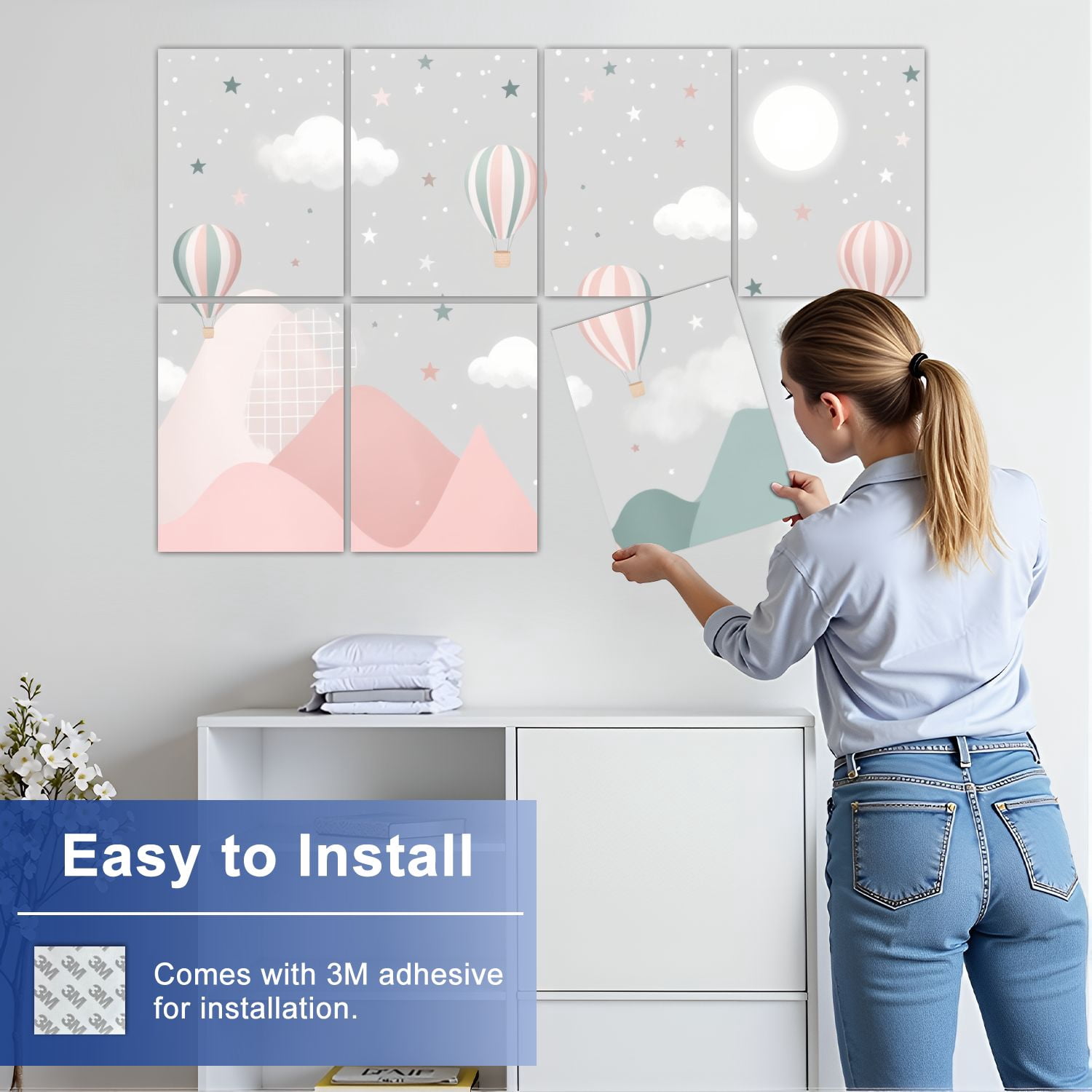 8 Pack Art Acoustic Panels Sound Absorbing Pastel Hot Air Balloons Floating Stylized Mountains Stars Clouds Decorative Soundproof Wall Panels Self Adhesive for Nursery Game Room Bedroom 48"x32"