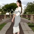 thumbnail image 3 of Women's Striped Knit Midi Dress with Long Sleeves and Ribbed Texture - Small, Light Beige, 3 of 7