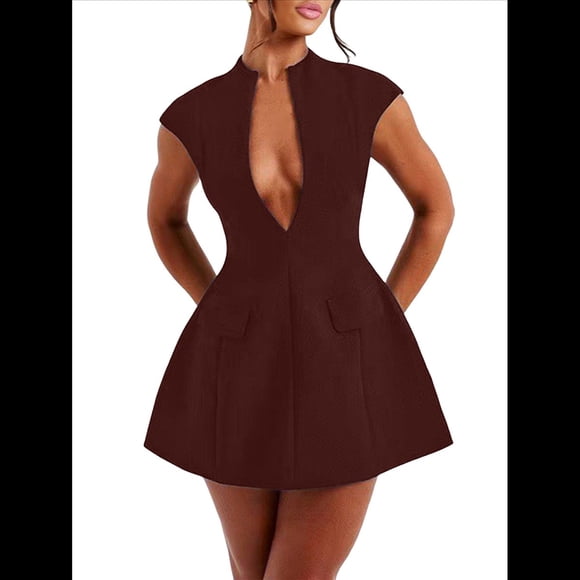 Vestido Mini de Verano Sexy para Mujer, con Mangas , Escote en V Profundo y Cremallera, Corte A, Ajustado, para Fiesta Marrón Rojizo L