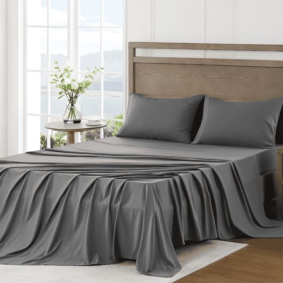 4 Piece Bed Sheet Set, Queen Size Upgraded Cooling Deep Pocket Comfy Breathable Hotel Luxury Bedding, Extra Soft Wrinkle Free Sheets Cover, Queen Sheets up to 16 inch, Dark Grey