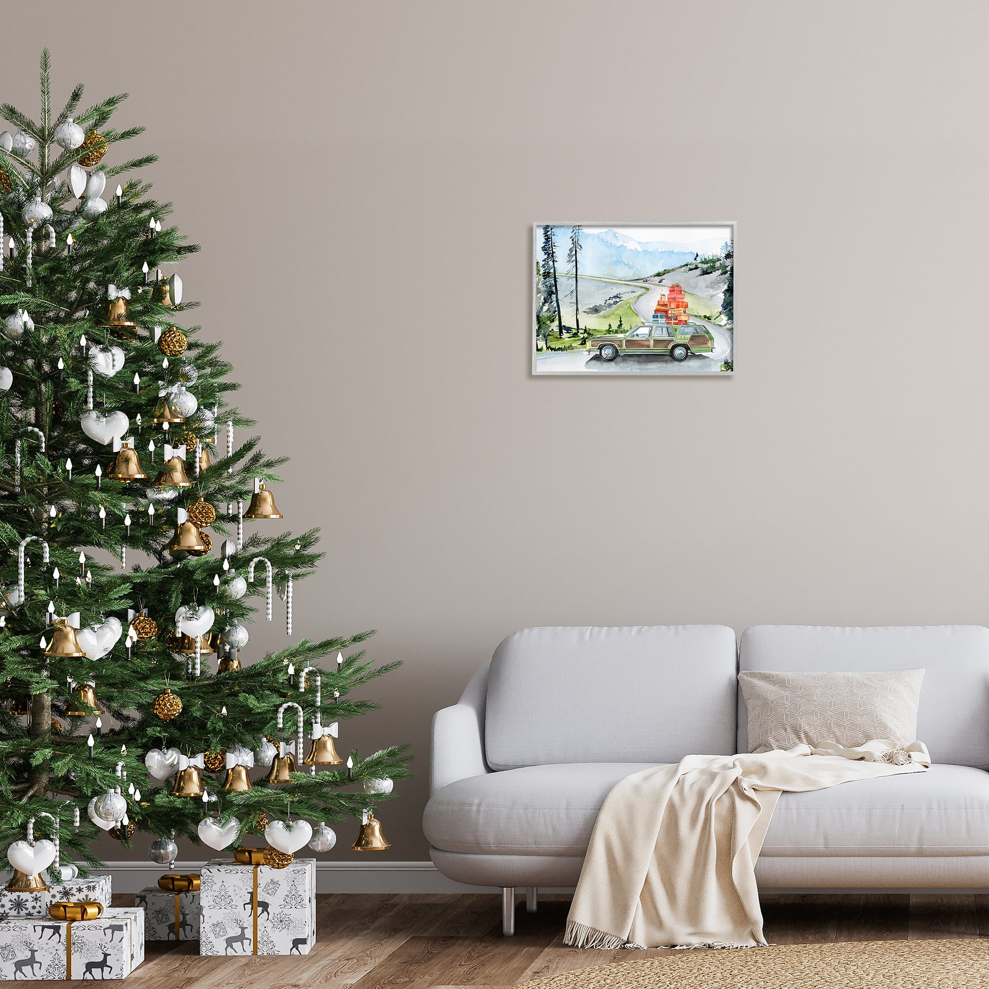 Stupell Industries Retro Station Wagon Rustic Christmas Travel Wrapped Presents Graphic Art Gray Framed Art Print Wall Art, 20x16, by Jennifer Paxton Parker&nbsp;