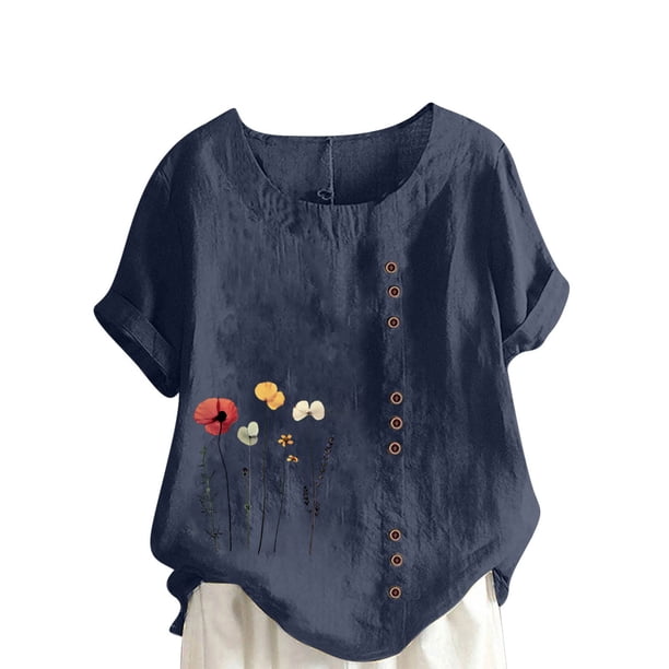 Camisetas de Manga Corta para las Mujeres Impreso Botón de Manga Corta Camiseta Blusa Poliéster, Ropa Casual Mirar Superior para las Mujeres