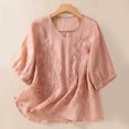 thumbnail image 2 of Women Cotton Linen Shirt Blouse V/Round Neck 3/4 Ruffle Sleeve Summer Fall Retro Embroidered Casual Loose Pleated Tunic Tee Tops,Pink,M, 2 of 5