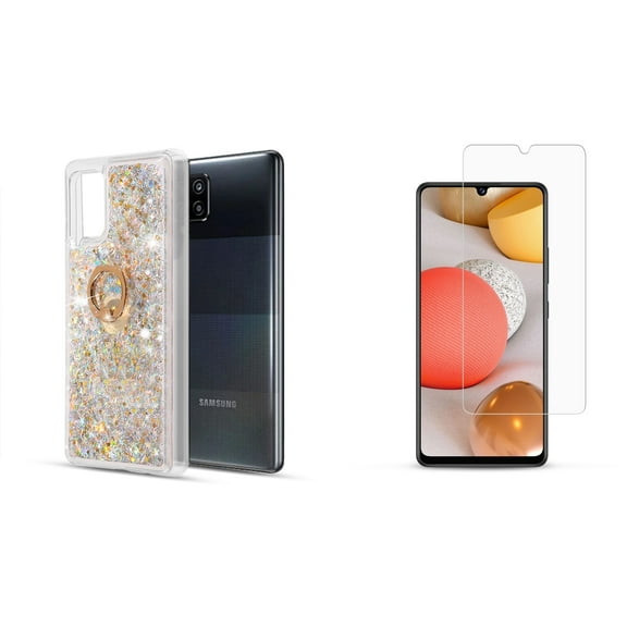 Bemz Waterfall Case for Samsung Galaxy A42 5G (Flowing Liquid Glitter Ring Kickstand Holder Protection Cover) with (2-Pack) of Glass Screen Protectors and Touch Tool - Silver
