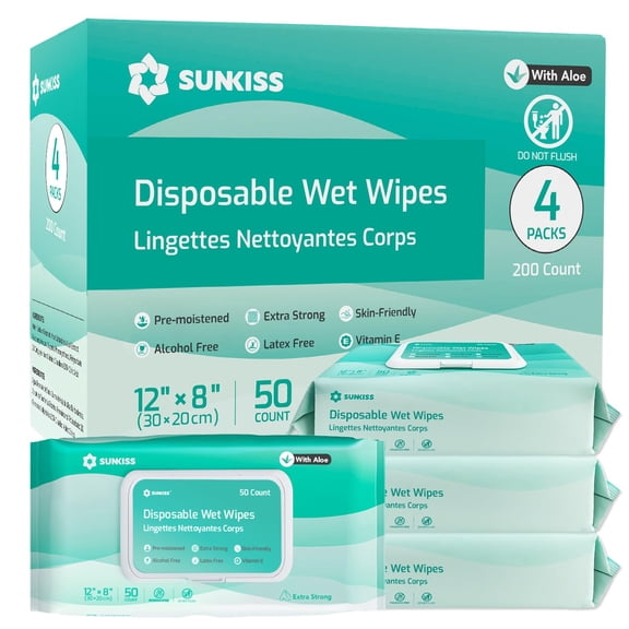 Trustplus Wet Wipes for Adult No Rinse, Extra Large 8”x12” Body Cleaning Washcloths for Elderly Incontinence & Cleansing, Unscented, 200 Count (4 Packs of 50)
