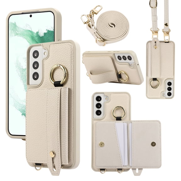Decase Phone Case for Samsung Galaxy S22 5G Shockproof Anti-scratch PU Leather Wallet Cover with Stand Card Slot Ring for Samsung Galaxy S22 6.1 inch Women,White