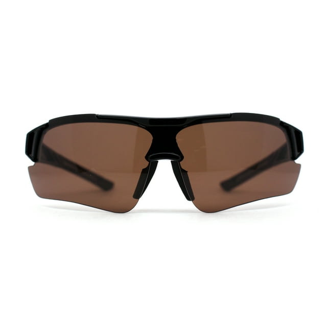 Mens 90s Wrap Baseball Half Rim Sport Driving HD Lens Sunglasses Shiny Black Brown