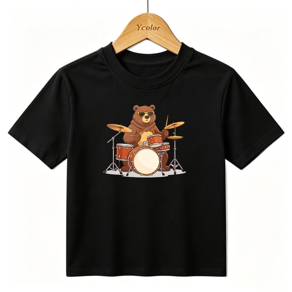 Boys Graphic T-Shirt Cool Bear Playing Drums Music Rock Band Kids Tees 100% Cotton Tops Ages 4-13Y